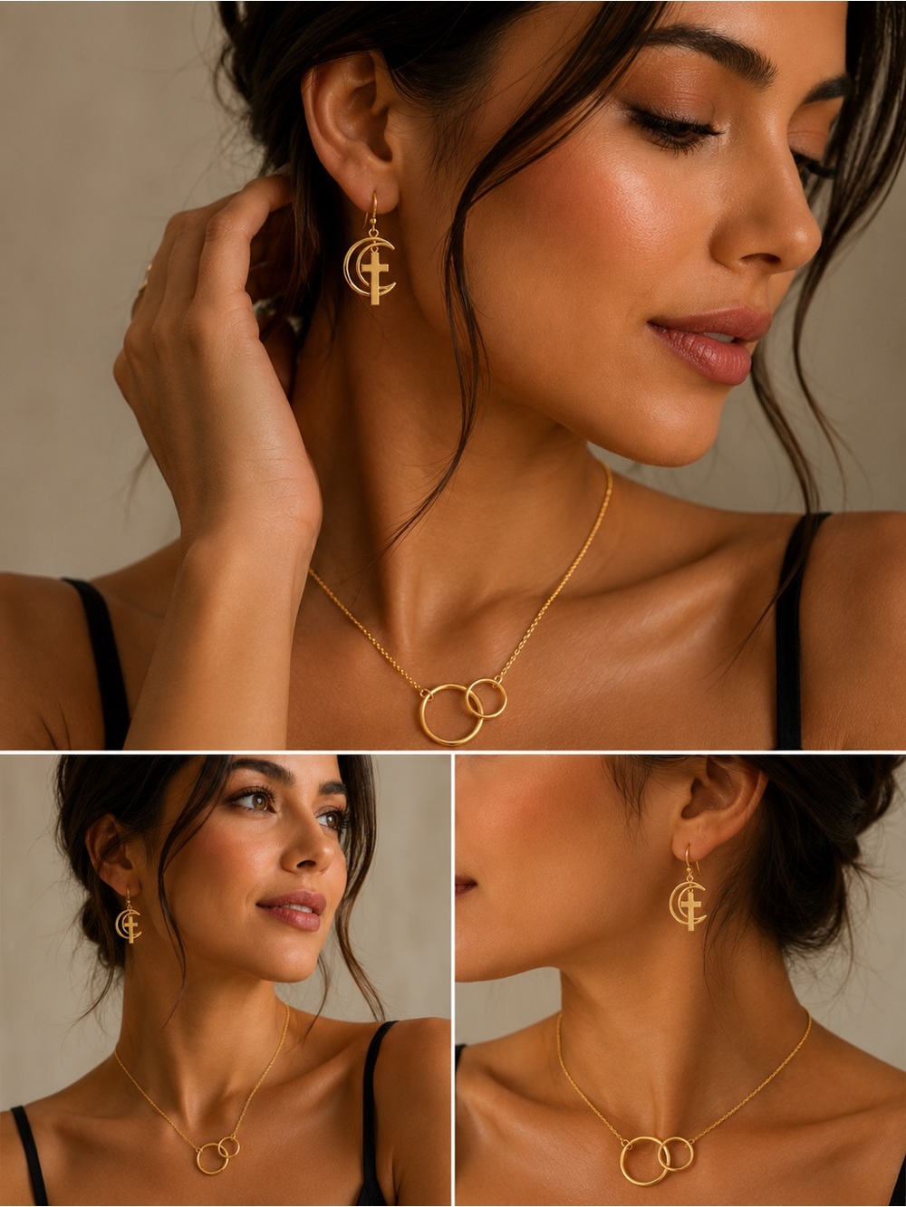 Gold Tone Necklace & Earrings Set, Cross & Crescent Drop Earrings